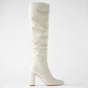 Zara High Tall Leg 100% Leather Heeled Boots Ecru Off White 40 9